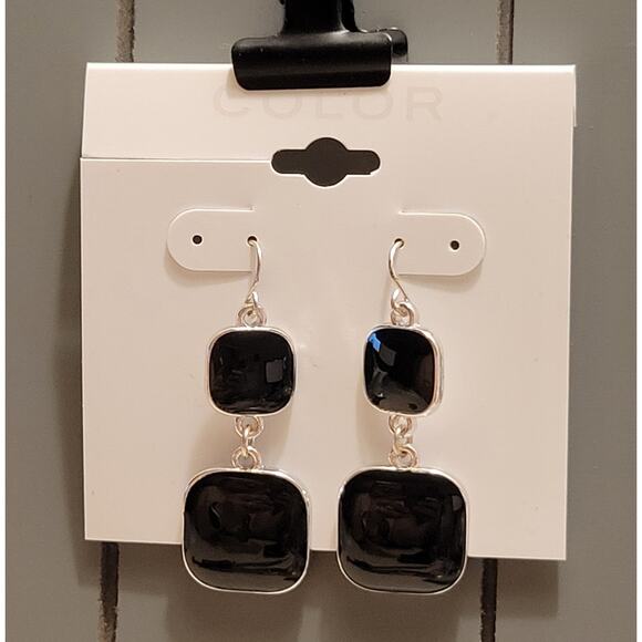 Kohl’s Black Double Square Drop Earrings Color Brand 1.83" Dangle Free Gift Bag - Picture 2 of 6